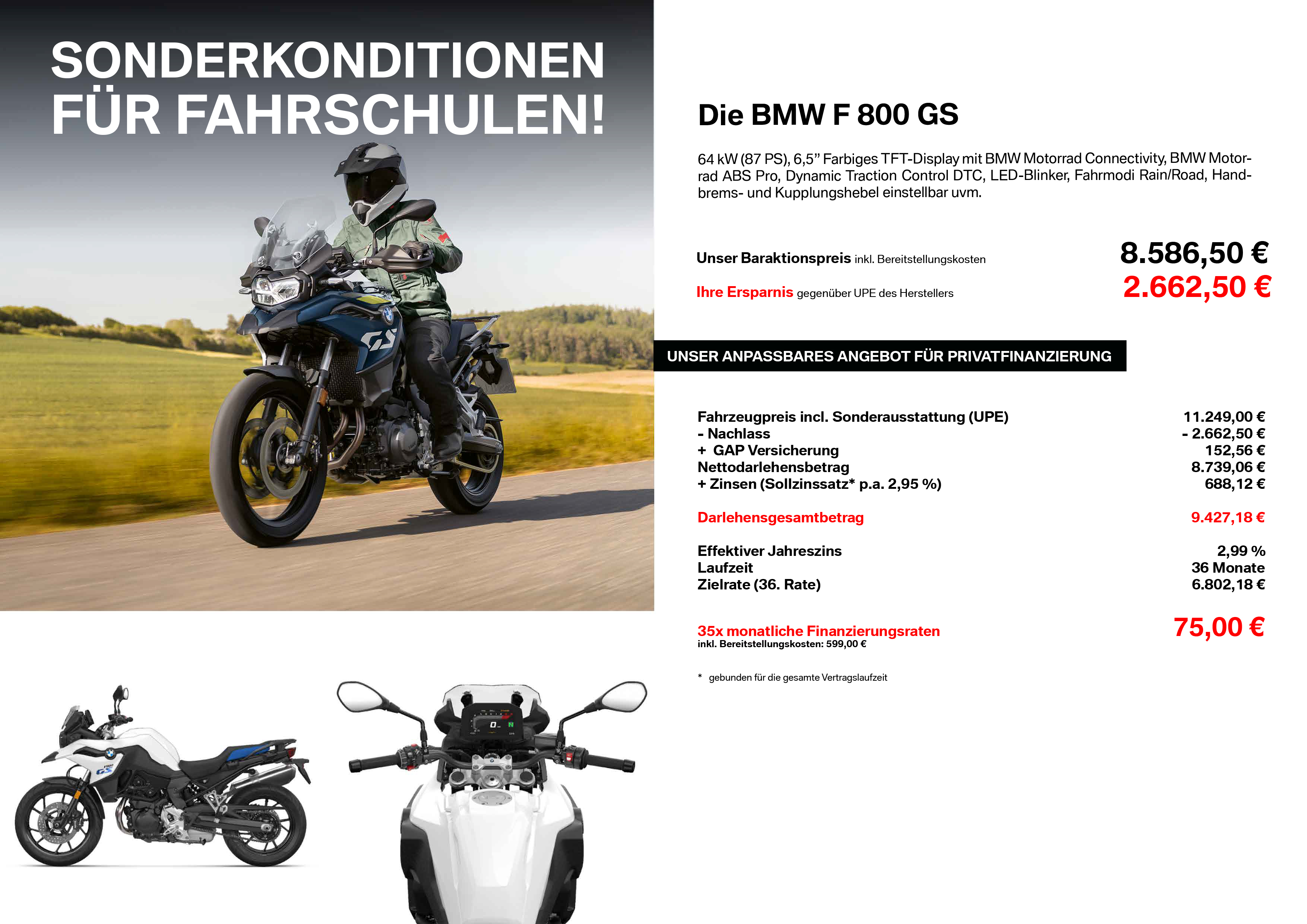 Werbeposter „Sonderkonditionen für Fahrschulen“ für die BMW F 800 GS mit Landstraßen-Motiv. Barpreis: 8.586,50 € (Ersparnis: 2.662,50 €), Finanzierung: ab 75,00 €/Monat.