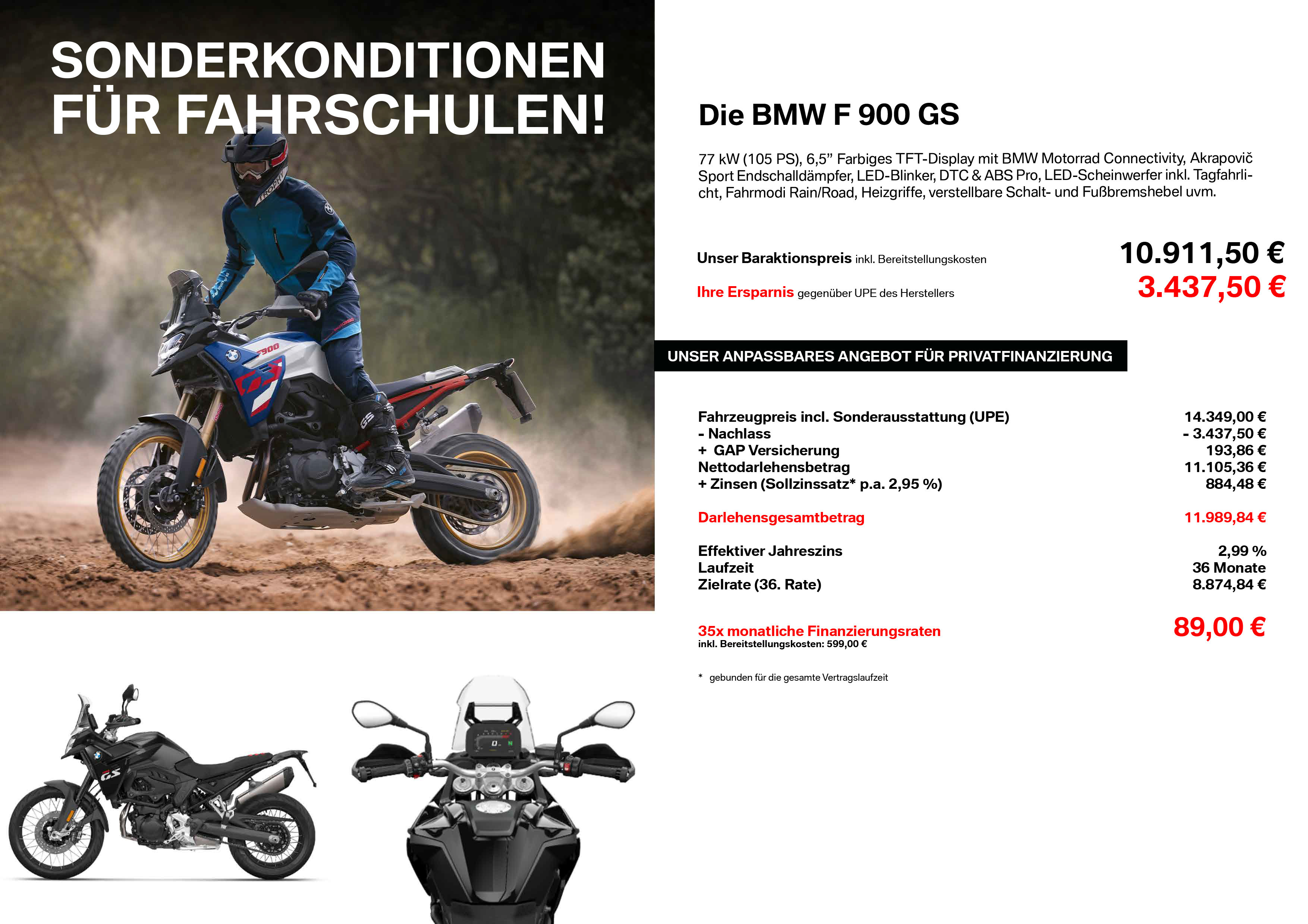 Werbeposter „Sonderkonditionen für Fahrschulen“ für die BMW F 900 GS mit Actionfoto im Gelände. Barpreis: 10.911,50 € (Ersparnis: 3.437,50 €), Finanzierung: ab 89,00 €/Monat.