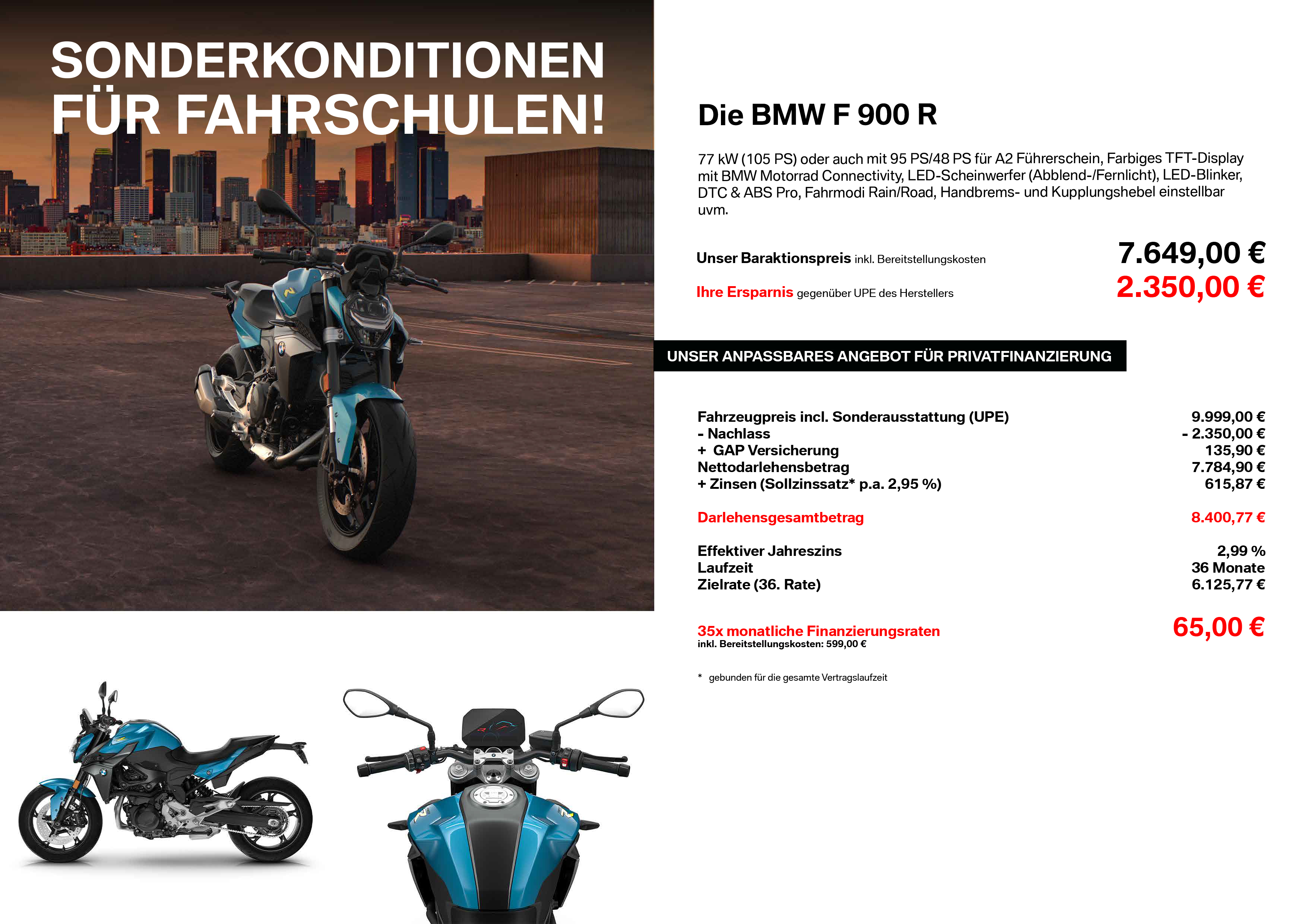 Werbeposter „Sonderkonditionen für Fahrschulen“ für die BMW F 900 R mit City-Skyline-Motiv. Barpreis: 7.649,00 € (Ersparnis: 2.350,00 €), Finanzierung: ab 65,00 €/Monat.