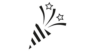  Ein schwarzes, stilisiertes Symbol eines Party-Poppers, aus dem Sterne und Konfetti aufsteigen.