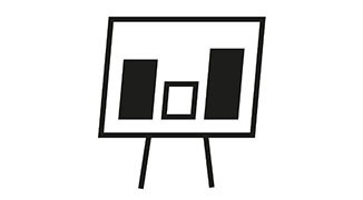 Ein schwarzes Umriss-Symbol einer Anzeigetafel oder eines Whiteboards auf zwei Ständern, mit drei Säulen-Diagrammen darauf – zwei hohe schwarze und ein kleinerer weißer Würfel in der Mitte.