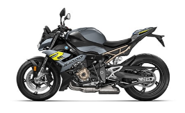  Ein sportliches Motorrad von BMW, schräg von der Seite fotografiert vor einem weißen Hintergrund. Das Motorrad ist überwiegend dunkelgrau oder anthrazitfarben und hat gelbe Akzente. Die Felgen, der Motor und die Sitzbank sind schwarz.